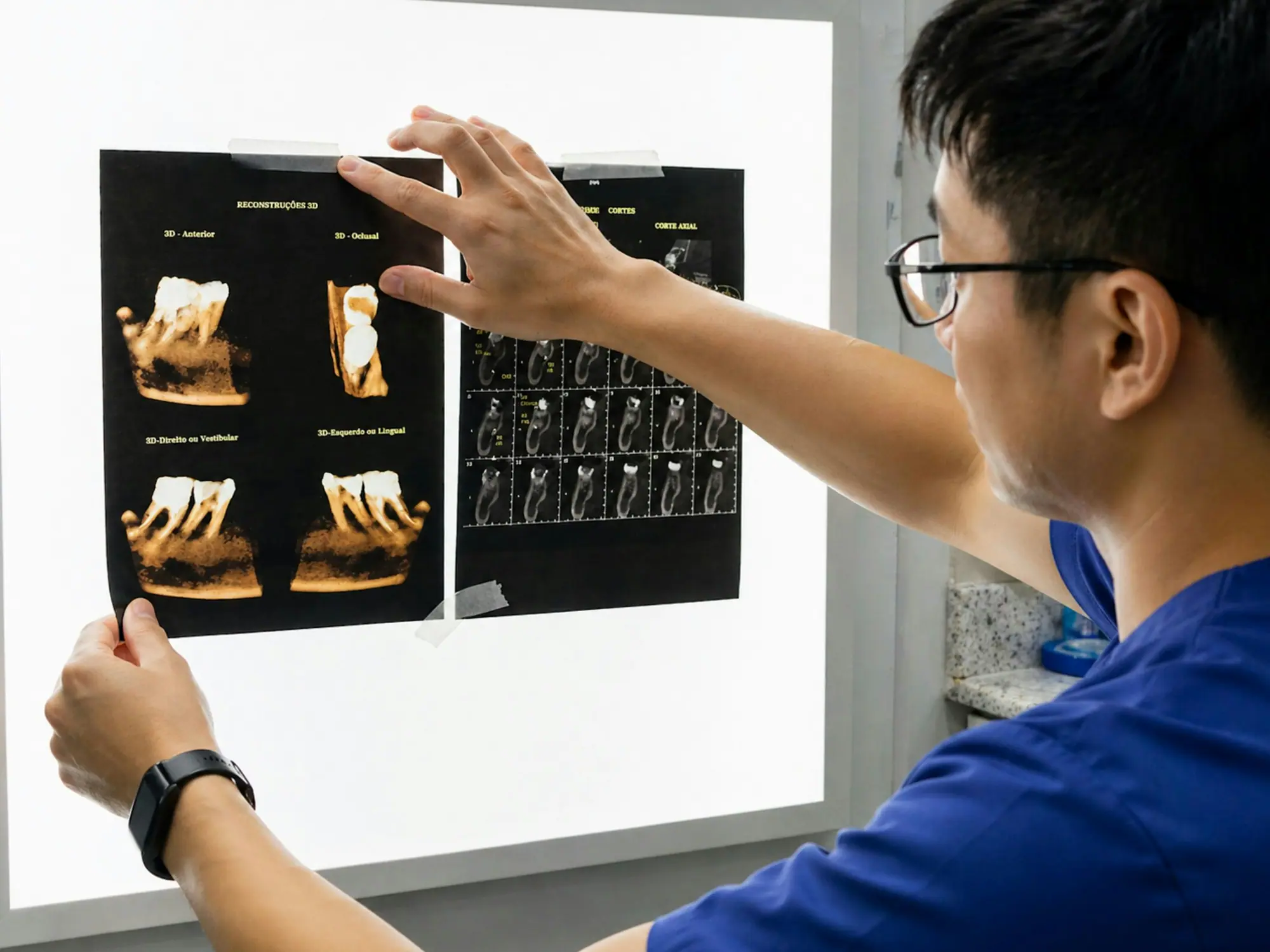 A clinician holding dental radiographs up to a light box