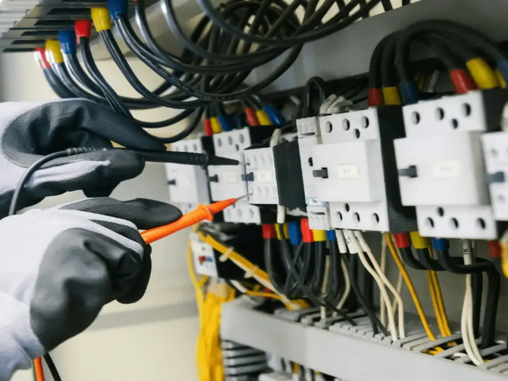 An electrician testing a distribution board with a multimeter