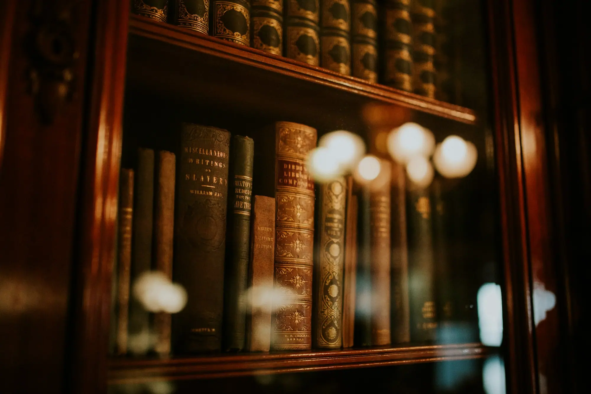 Leather bound volumes behind the glass of an old bookcase