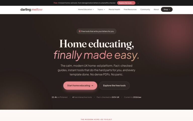 Screenshot of the live Darling Mellow UK home education platform