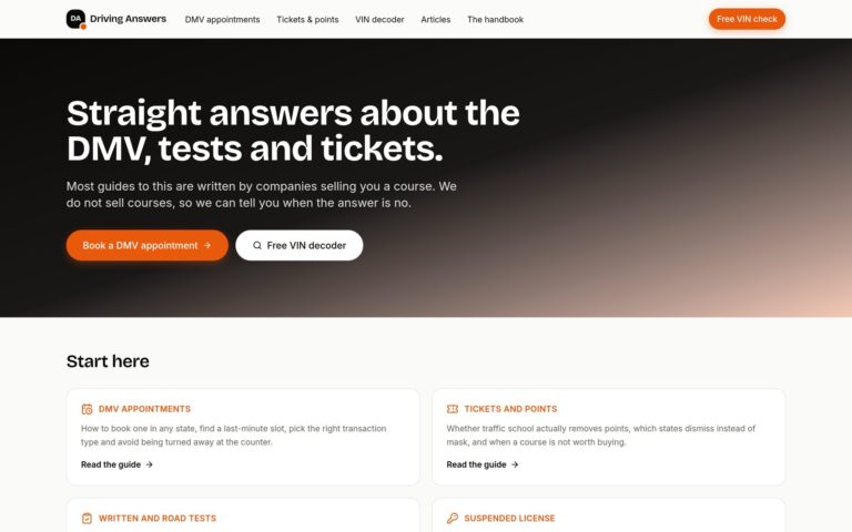 Screenshot of the live Driving Answers DMV guidance site